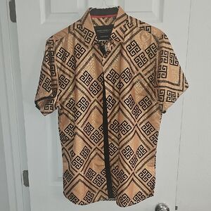 American BREED Tan and Black Geometric Short Sleeve Button-Down Shirt